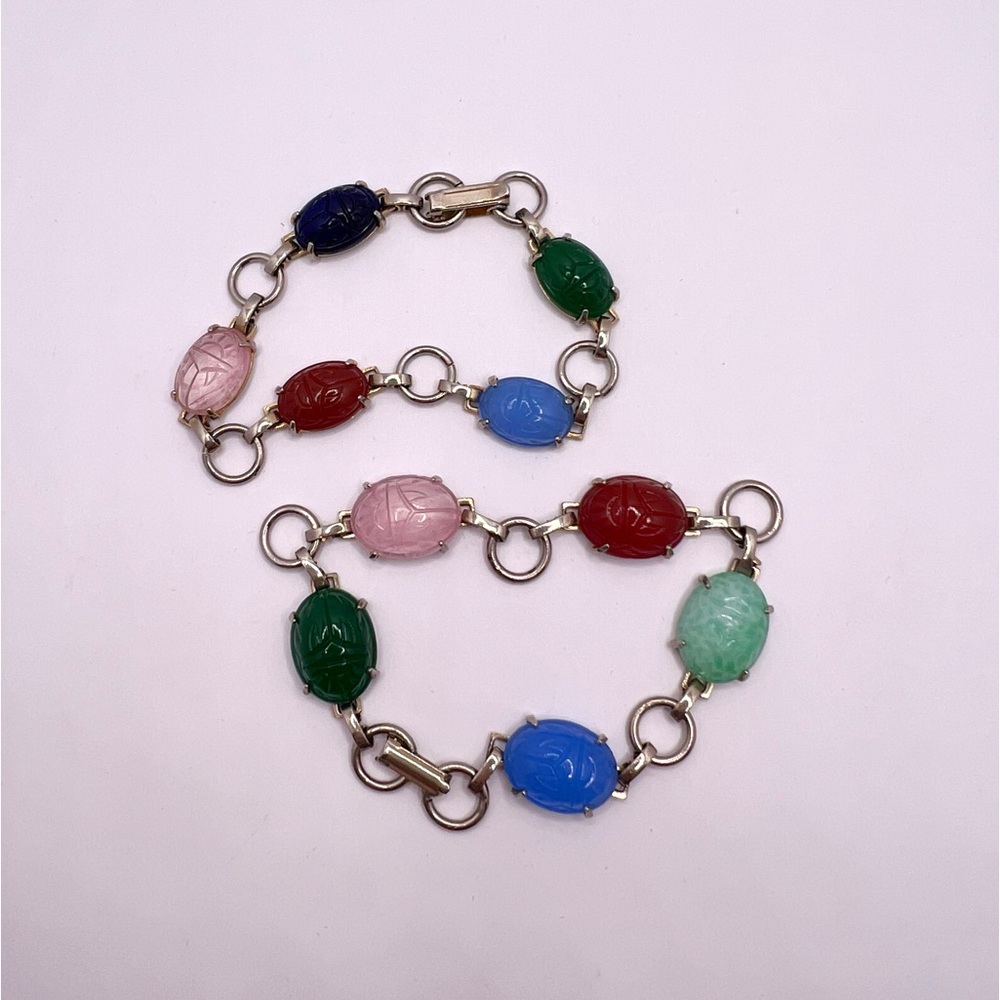 VINTAGE Carved Scarab Bracelet Gold Tone Links Multi Color Glass Safety 8” PAIR